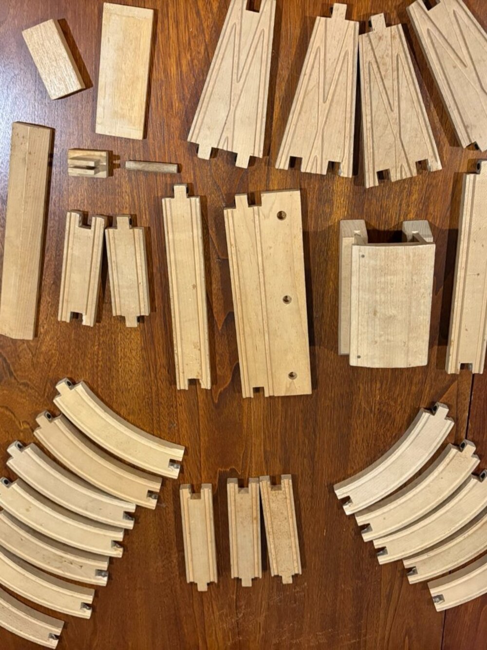 Vintage Wooden Train Set, 7 train cars, 24 pieces of tracks, and covered bridge